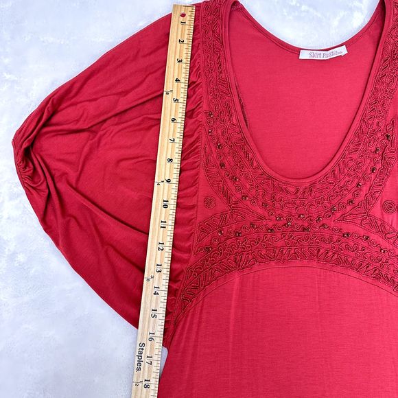 VTG Jersey Dress SHIRT PASSION ITALIA Dark Red Embroidered Bat Sleeves SZ S - Picture 9 of 14